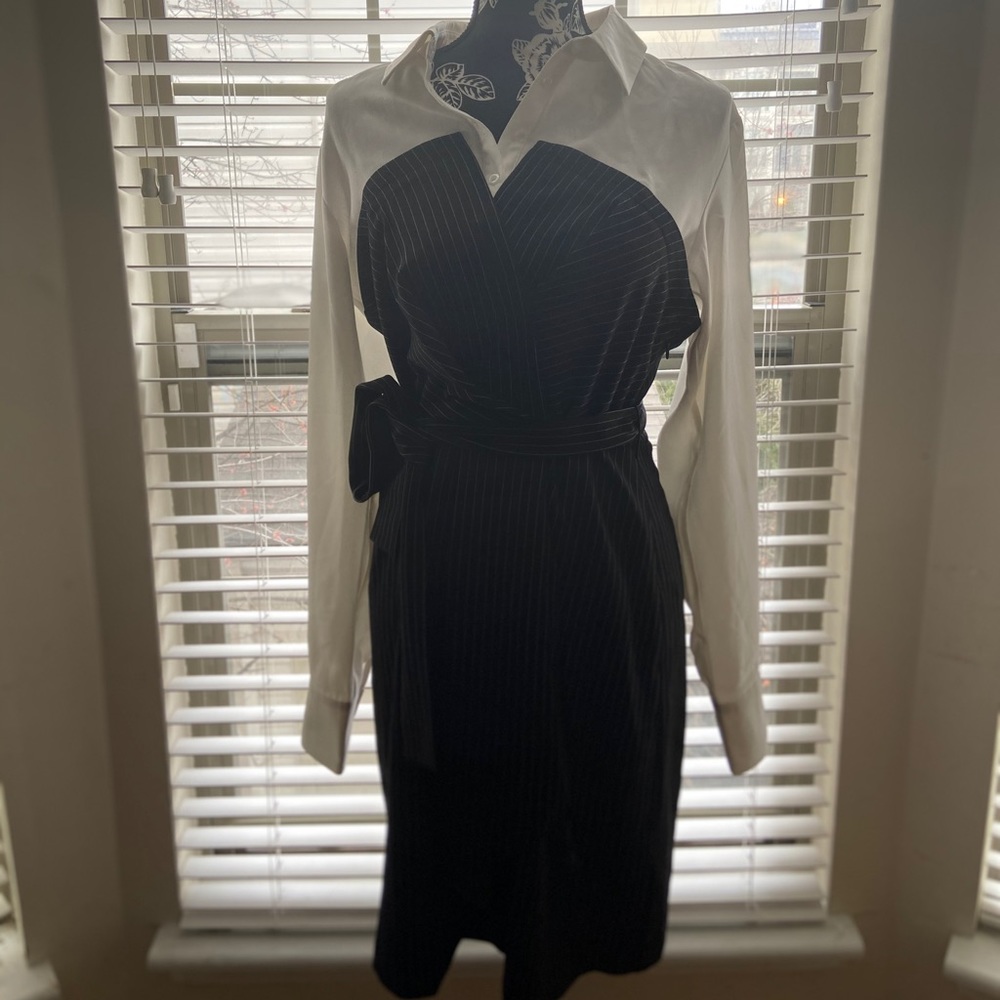 Pinstripe dress w/ cinch waste tie